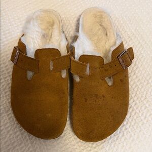 Birkenstock Brown Suede Clogs with White Fleece